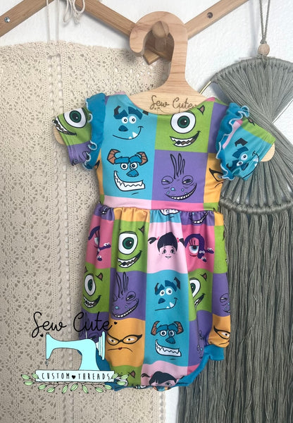 Monsters Bubble Romper- short sleeves with flutter - Sew Cute Custom Threads