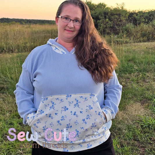 Adult Sweater - Blue Fleece Rib with Blue Floral
