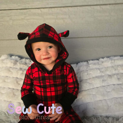 Buffalo Plain- Beatbox romper with bear ears- grow with me cuffs