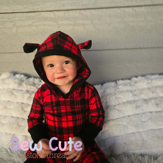 Buffalo Plain- Beatbox romper with bear ears- grow with me cuffs
