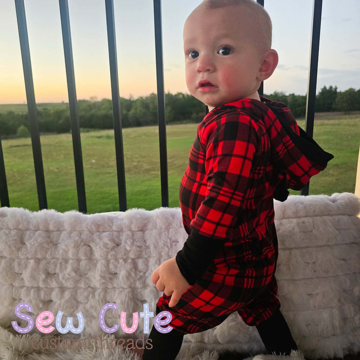 Buffalo Plain- Beatbox romper with bear ears- grow with me cuffs