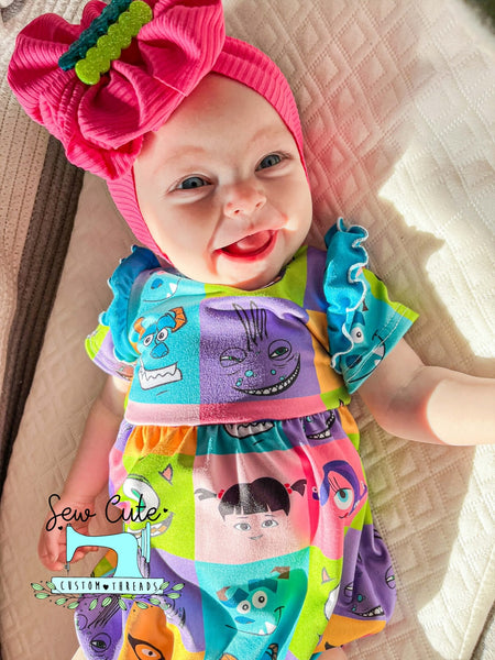 Monsters Bubble Romper- short sleeves with flutter - Sew Cute Custom Threads