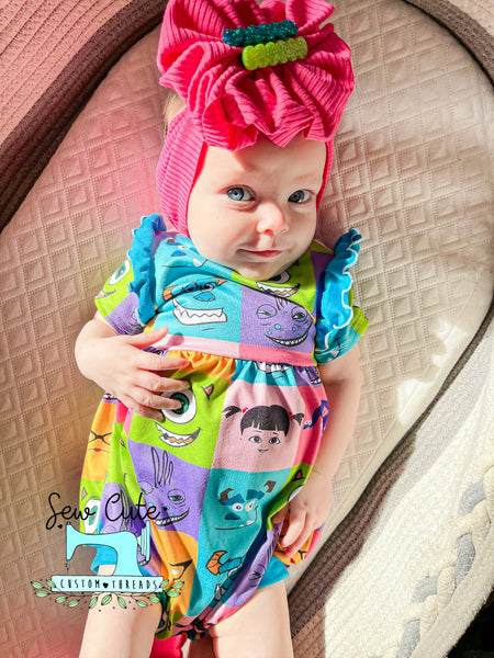 Monsters Bubble Romper- short sleeves with flutter - Sew Cute Custom Threads
