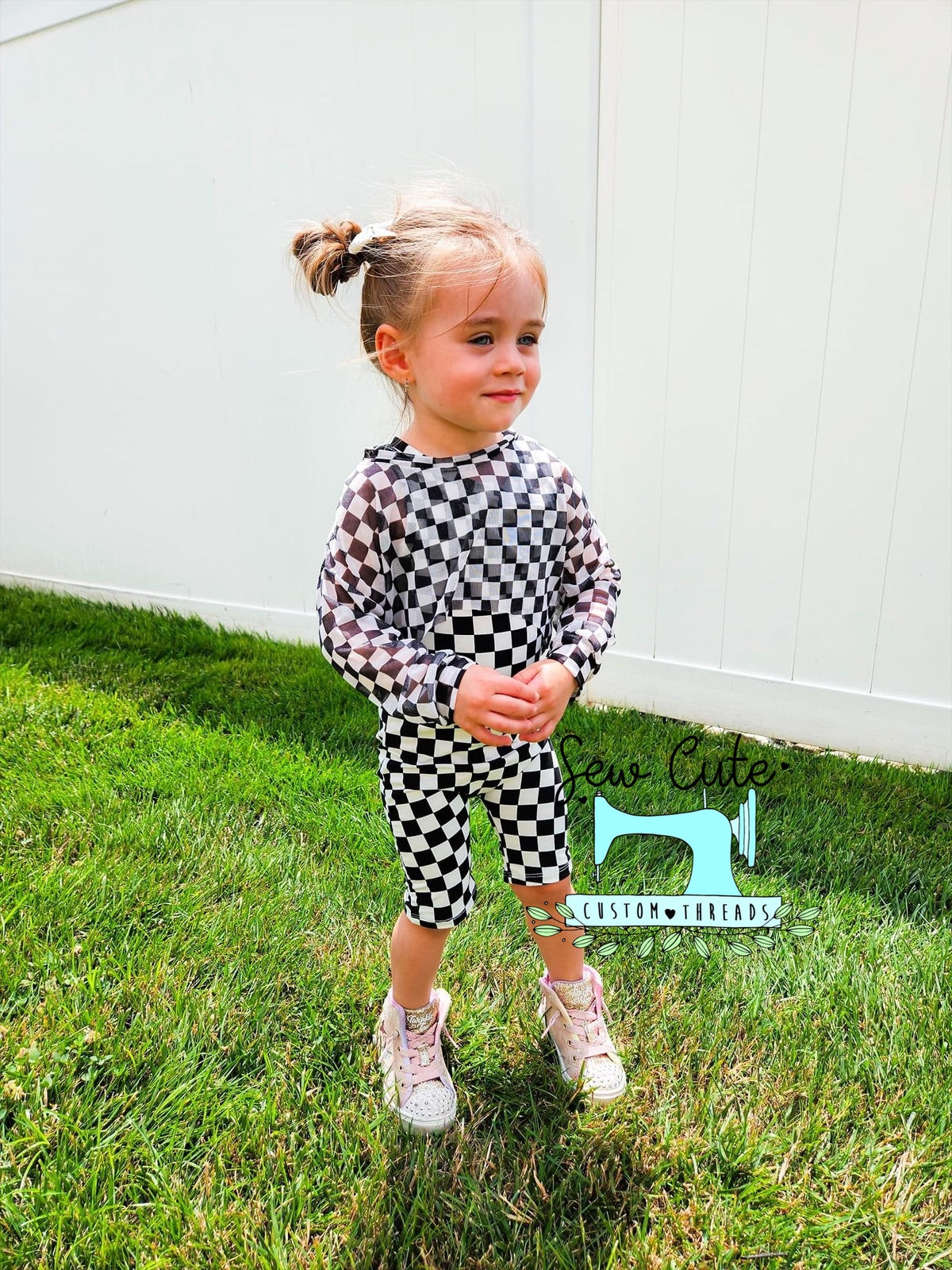 Checker Ollie romper with mesh Crop Top paired