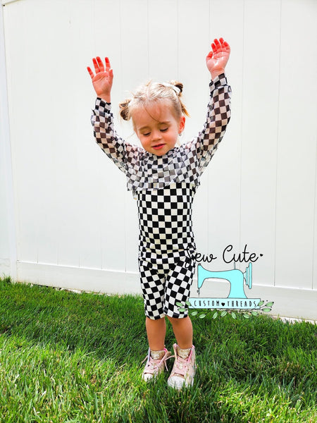 Checker Ollie romper with mesh Crop Top paired